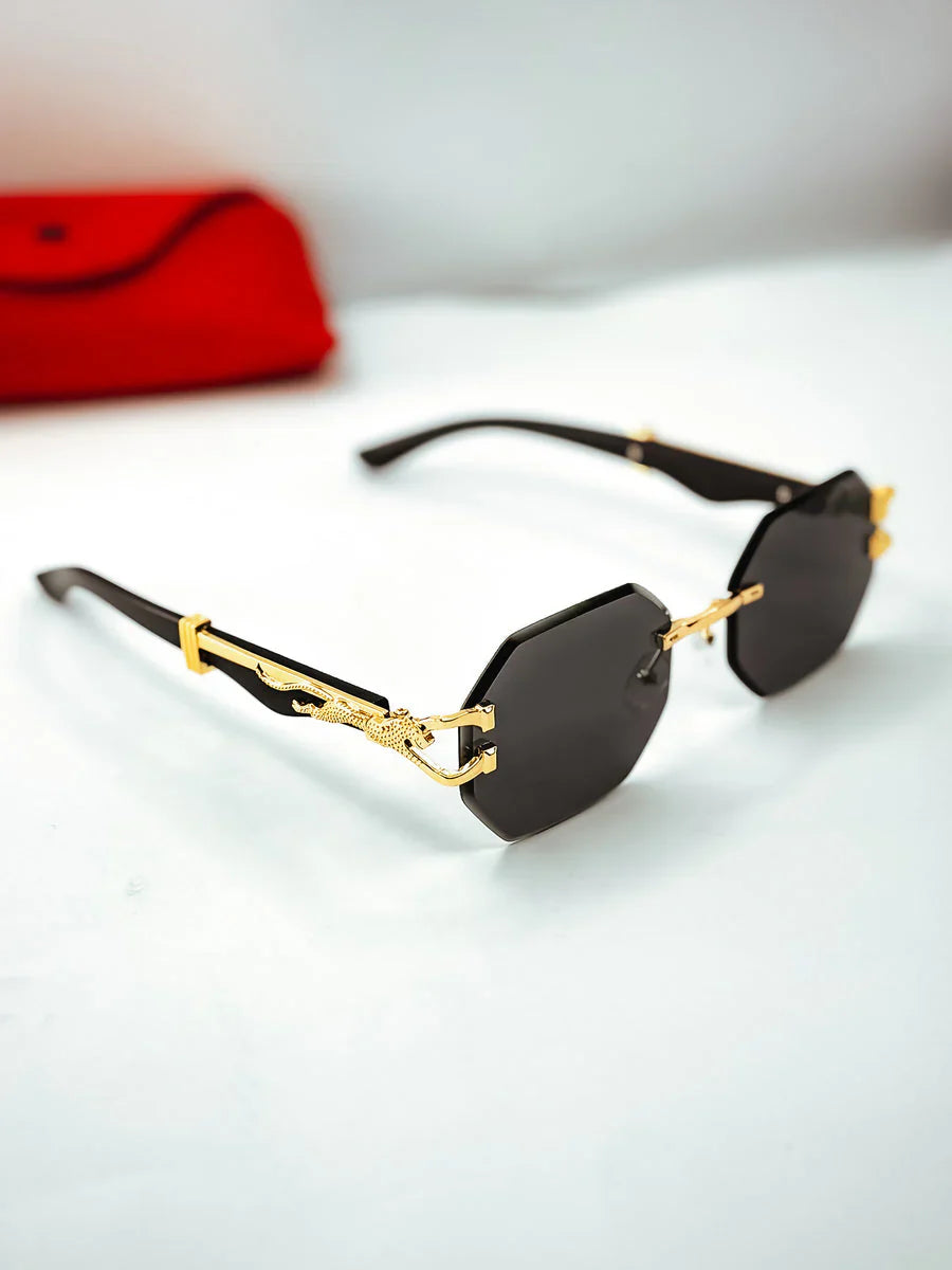 Aura Midnight Tycoon – Luxury Black Gold Rimless Sunglasses (Elite UV400 Edition)