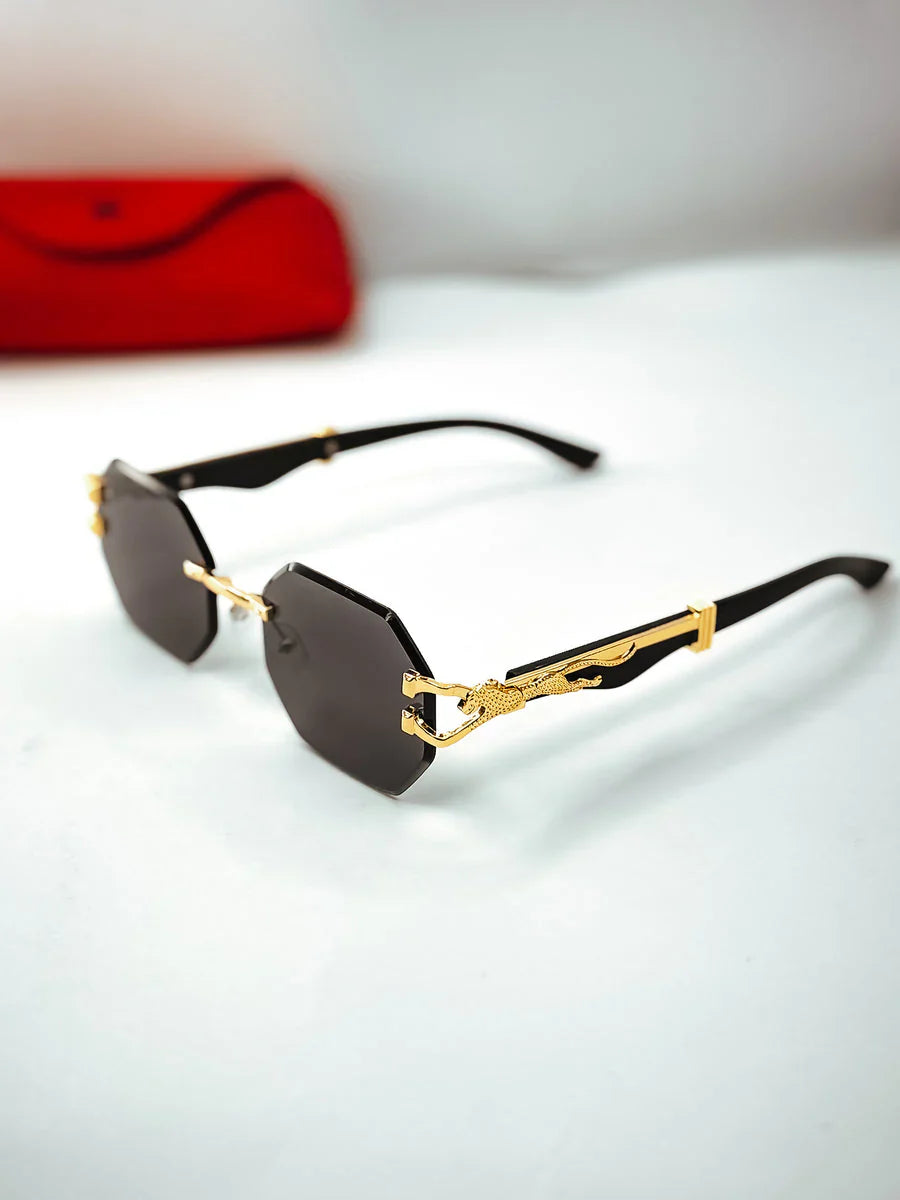 Aura Midnight Tycoon – Luxury Black Gold Rimless Sunglasses (Elite UV400 Edition)